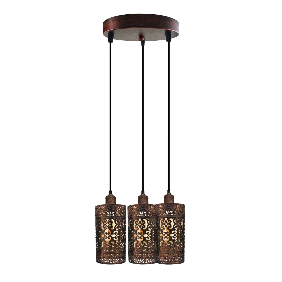 Rustic red metal barrel cage pendant lamp with three lights, dimmable ceiling light, adjustable 95cm cable