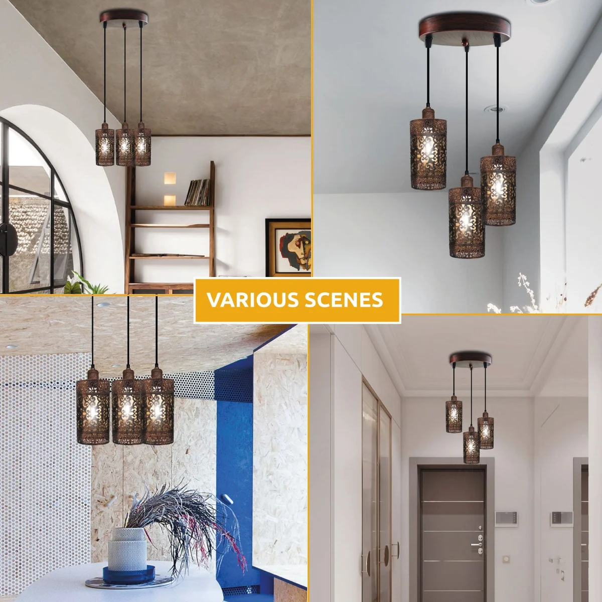 Rustic red 3‑head pendant light with metal barrel cages, PVC shades and adjustable cords.