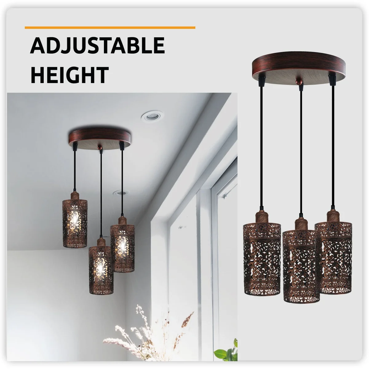 Rustic red metal barrel cage 3 head pendant light with 3 vintage-style lamps and adjustable 95cm cords, hanging from ceiling.