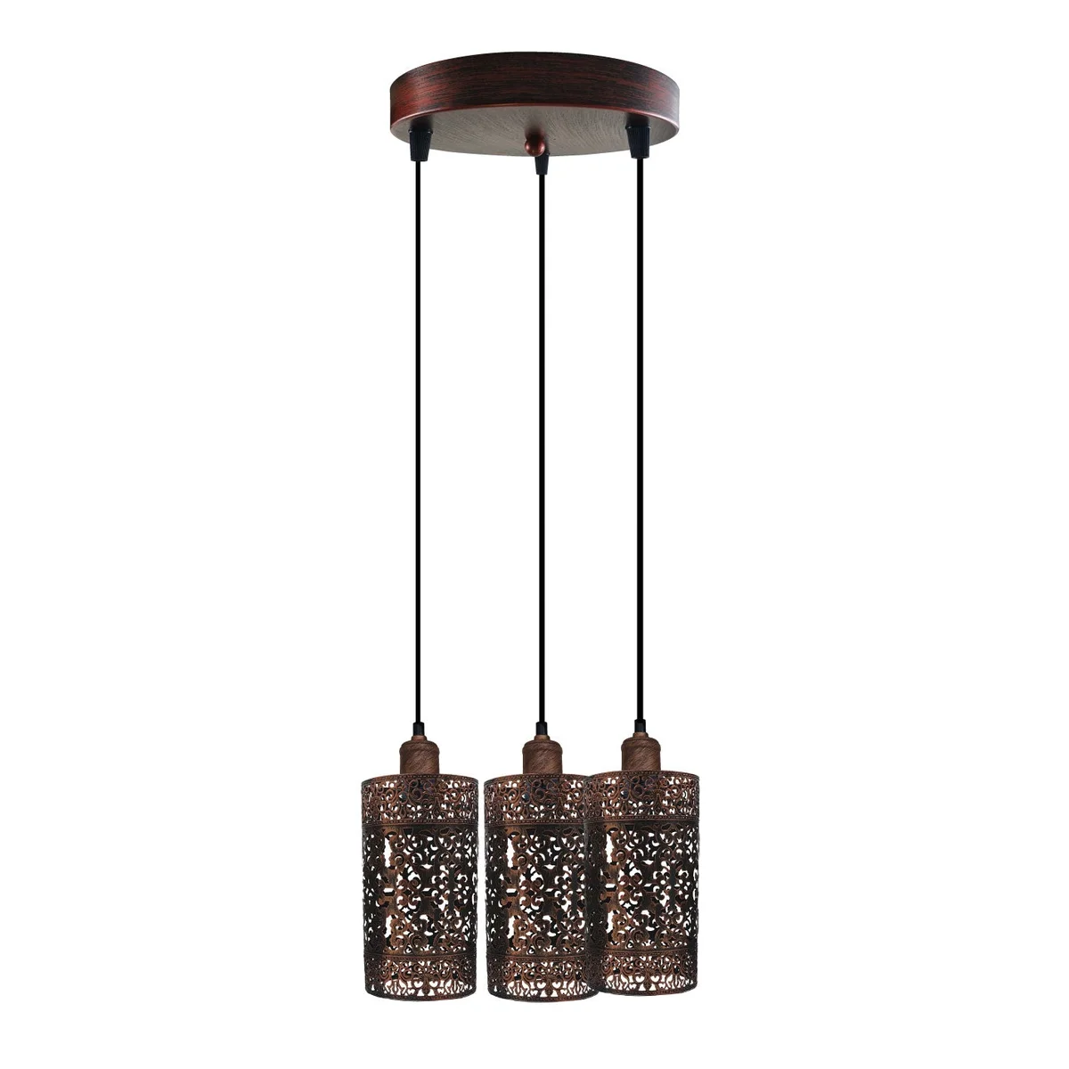3 head pendant light in rustic red with metal barrel cages.