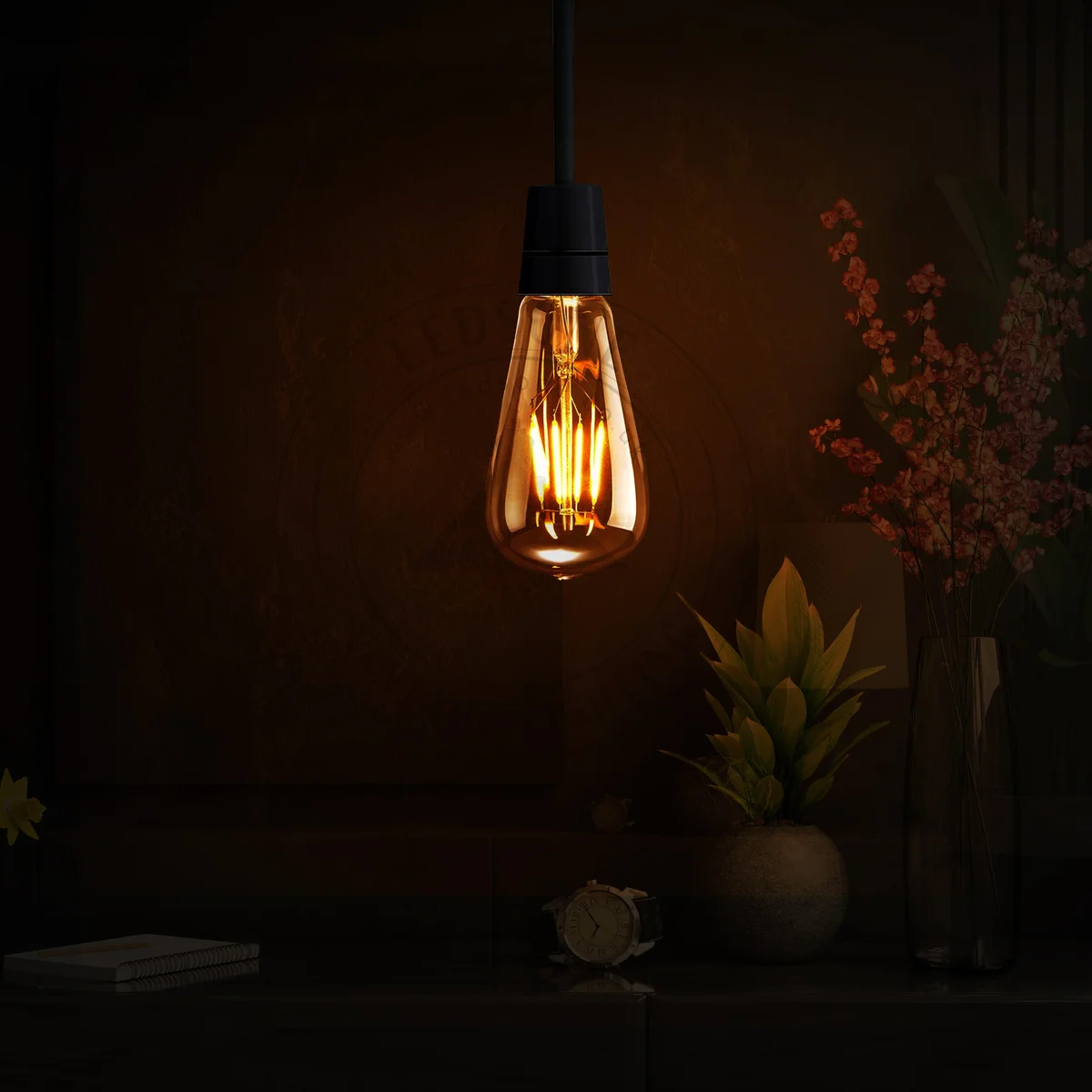 Soft amber vintage style bulbs, ST64 B22 LED with visible filament, glass housing, 4W, dimmable