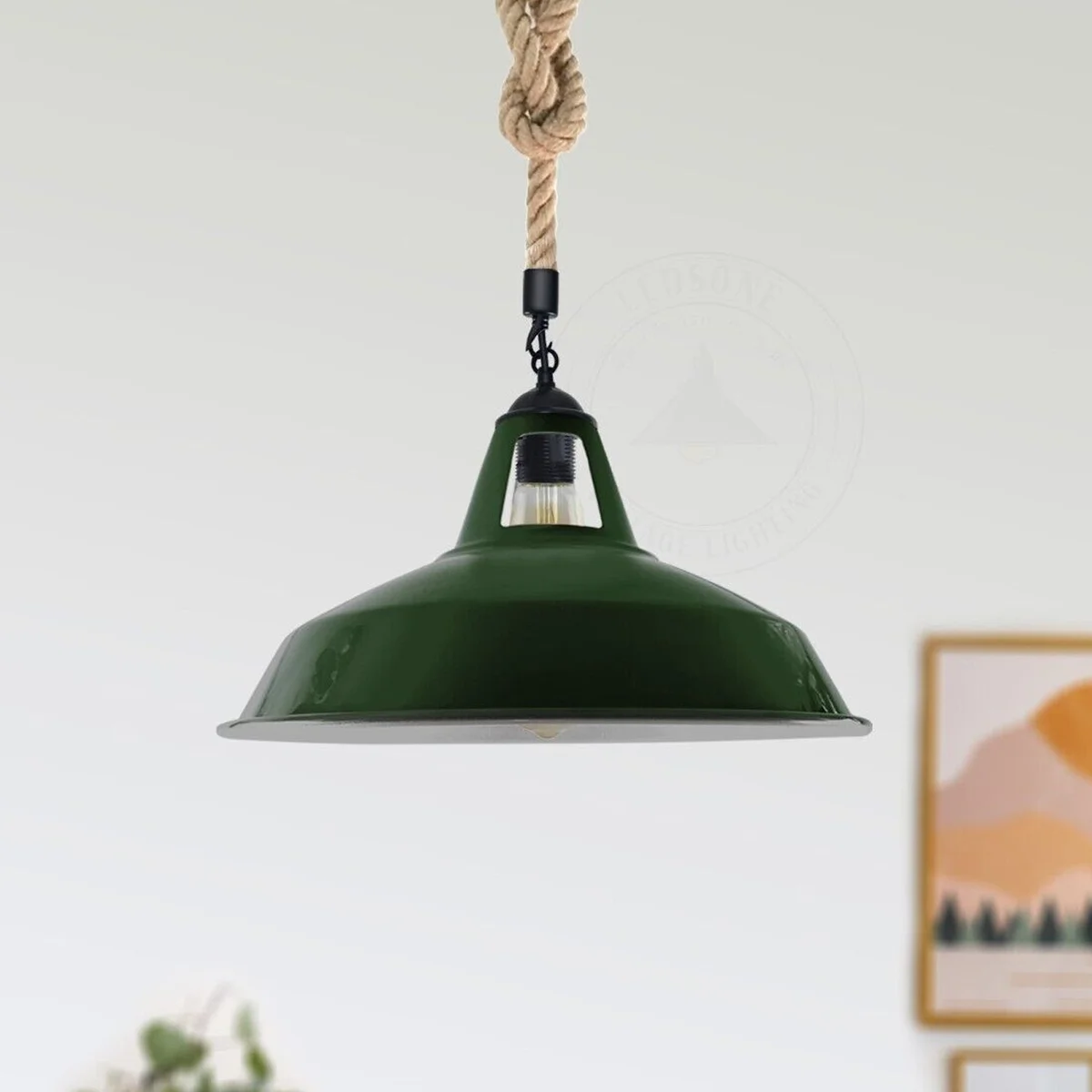Hemp rope pendant light with 1 m hemp rope, metal bracket and E27 base in brushed silver, hanging from a 10 cm ceiling plate.