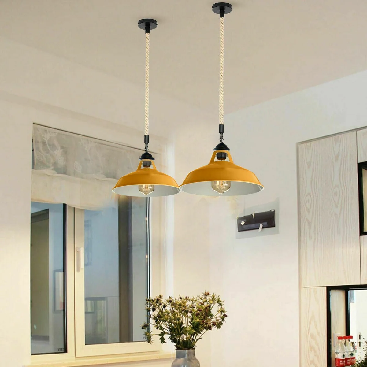 Dimmable pendant lamp with hemp rope, metal frame, 10cm diameter base, 1m rope, available in brushed silver
