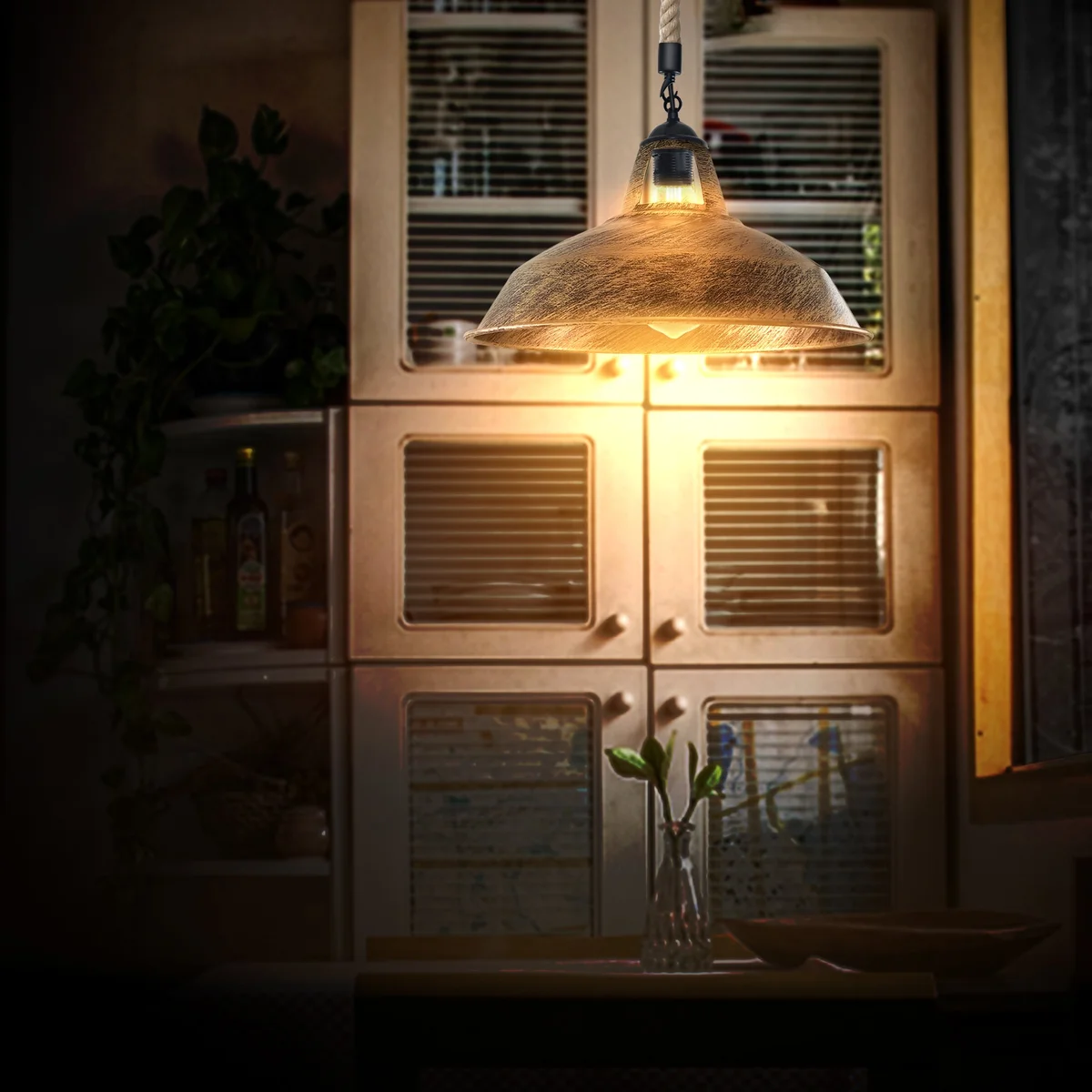 E27 Edison base light pendant with 1m hemp rope cable, metal housing, painted brushed silver, suspended from ceiling