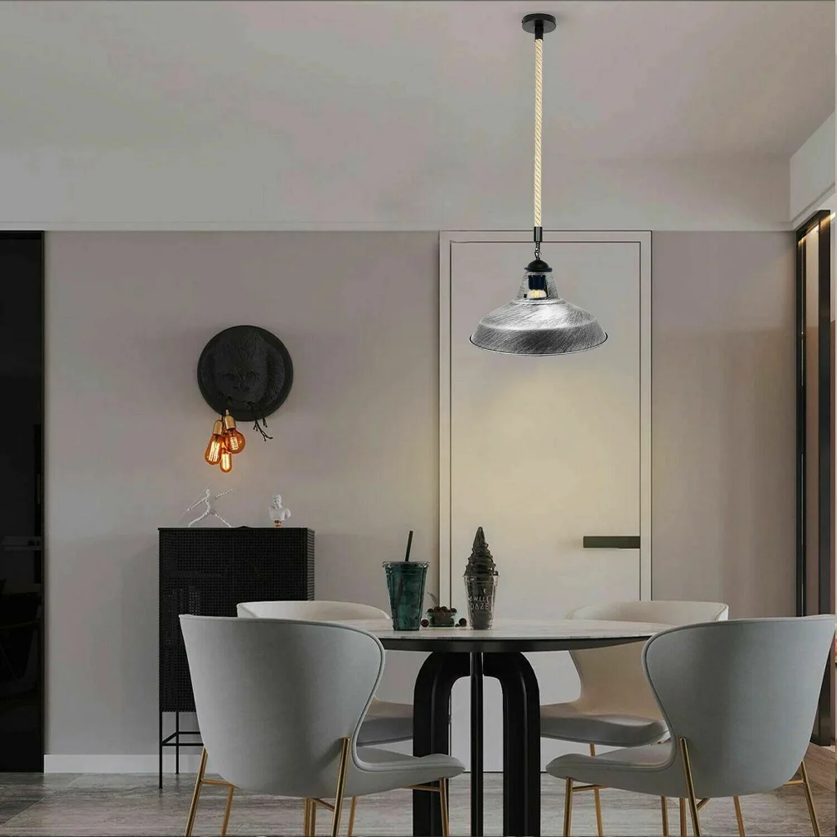 Hemp rope pendant light with 1m hemp rope, metal base, E27 socket, stylish suspended lamp in brushed silver