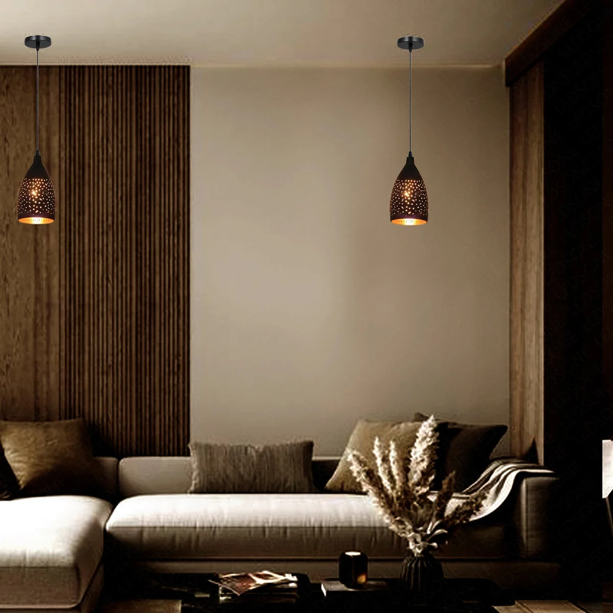 Retro black pendant light with gold metal design, a dimmable pendant light, perfect for indoor décor.