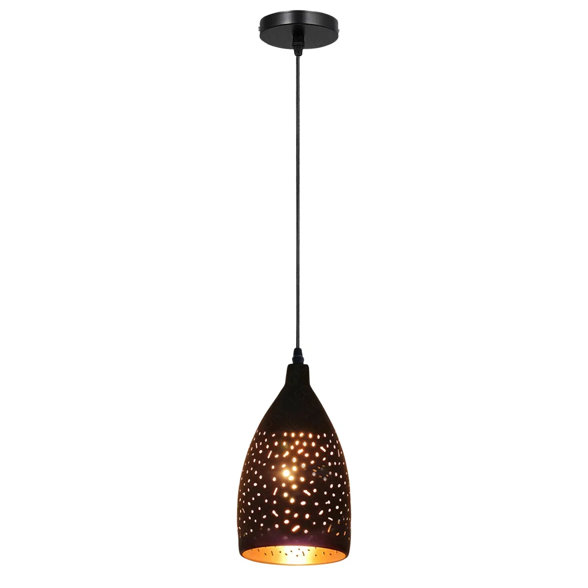 Retro metal pendant lamp with black shade and gold metallic fixture, hanging from ceiling, suitable for dimmable LED bulbs.