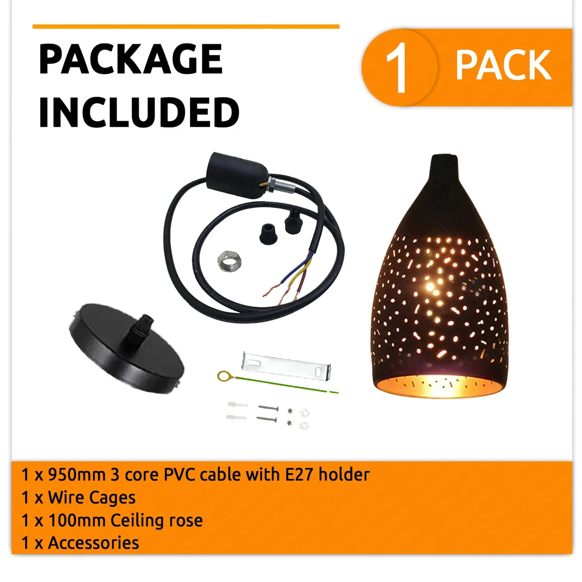 Black retro pendant light with gold metal frame and elliptical black shade, hanging from ceiling on adjustable cord.