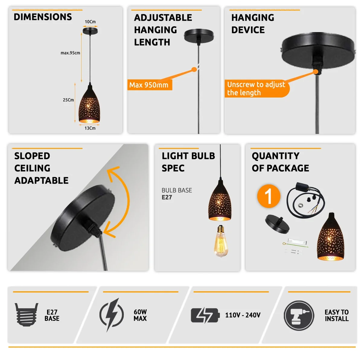 Retro pendant light with black shade and gold metal base hanging from 95cm cable