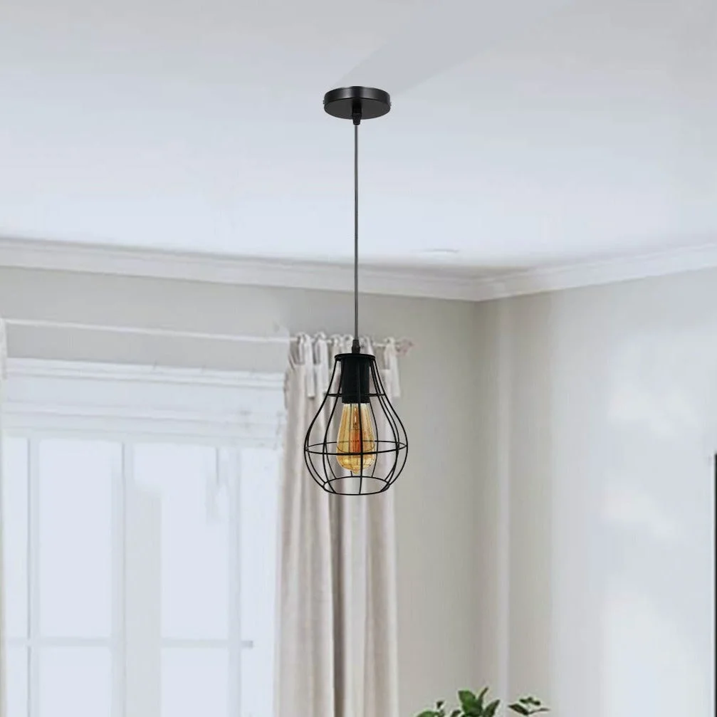 Industrial pendant light with 3 vintage-style metal cages hanging from a black‑stained lamp socket.