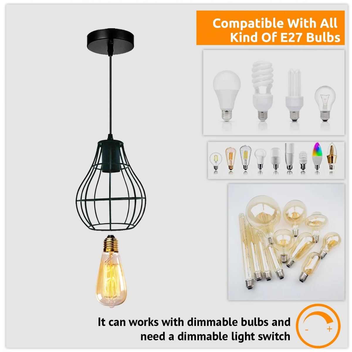 Industrial black metal wire pendant light with 3 bulbs and hanging cable.