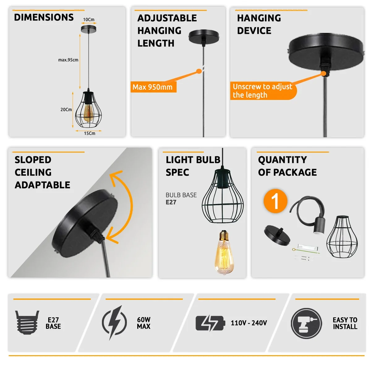 Industrial black wire pendant light with metal cage, stained black socket, 3 lights, adjustable cable light
