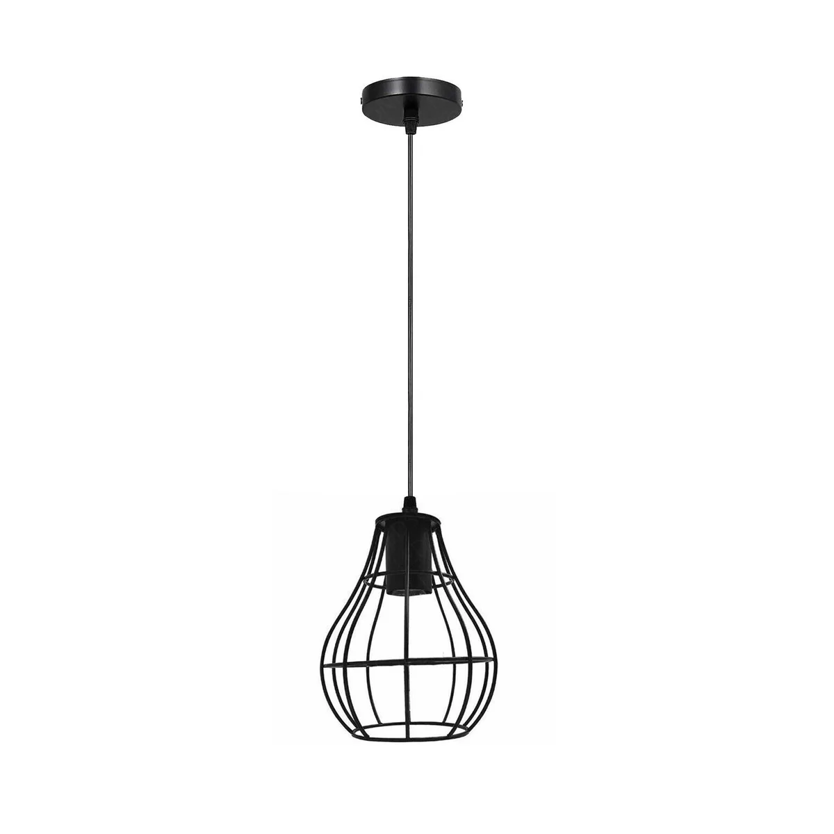 Industrial pendant light with three vintage-style black bulbs, metal cage and hanging wire, hanging from ceiling