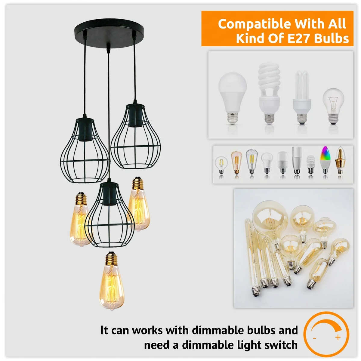 Industrial pendant light, vintage black metal cage and rectangle socket, hanging from ceiling with 95cm cable.