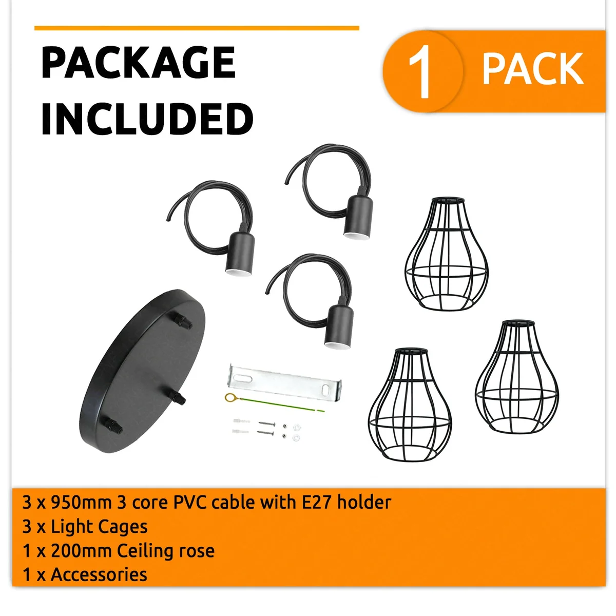 3‑way metal ceiling light with black rectangle housing, vintage style, metal cage and black socket, hanging from ceiling.