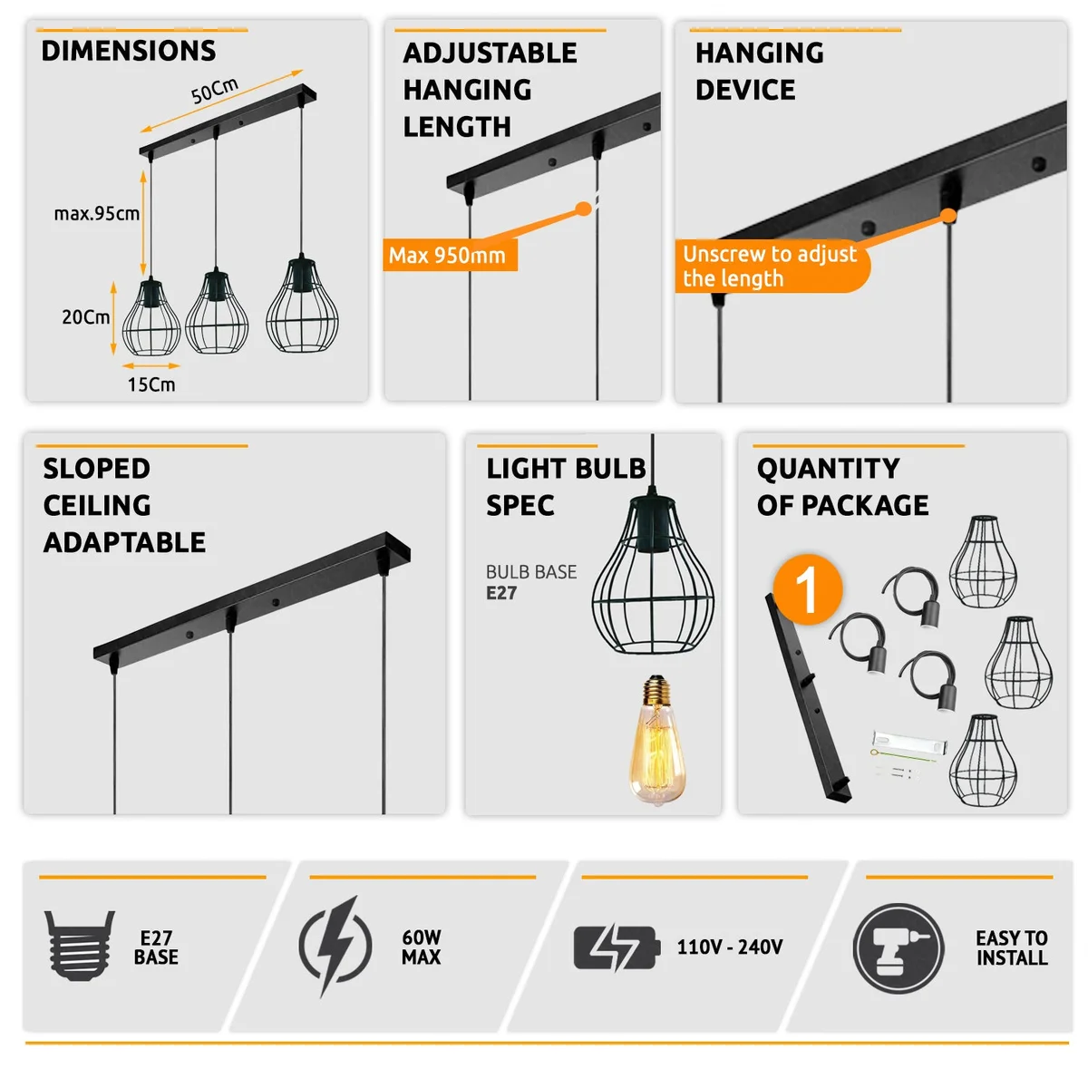Three black wire pendant lamps on a rectangular base, a vintage pendant light.