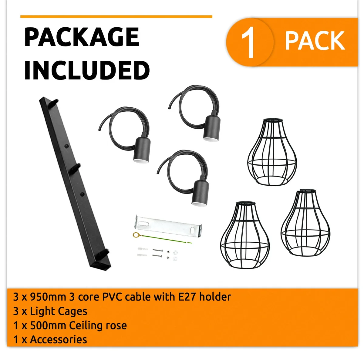 Adjustable ceiling light with black metal cage and three E27 holders hanging from a 95 cm cord, vintage retro style.