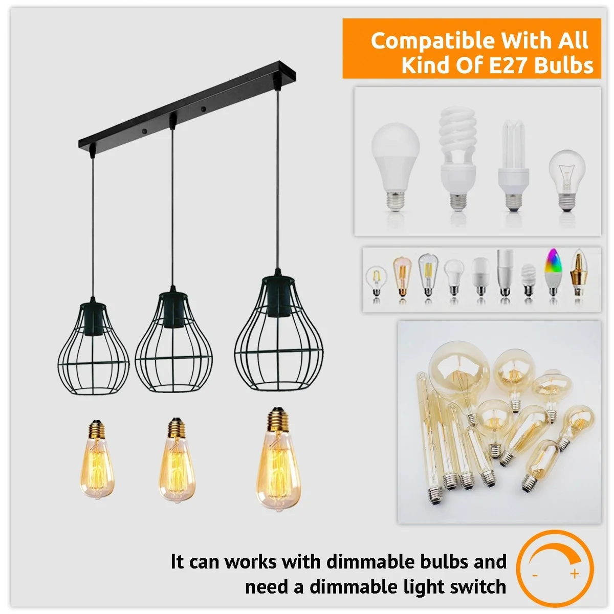 Three black pendant lamps hanging from a metal wire pendant cage on a rectangular base, vintage style