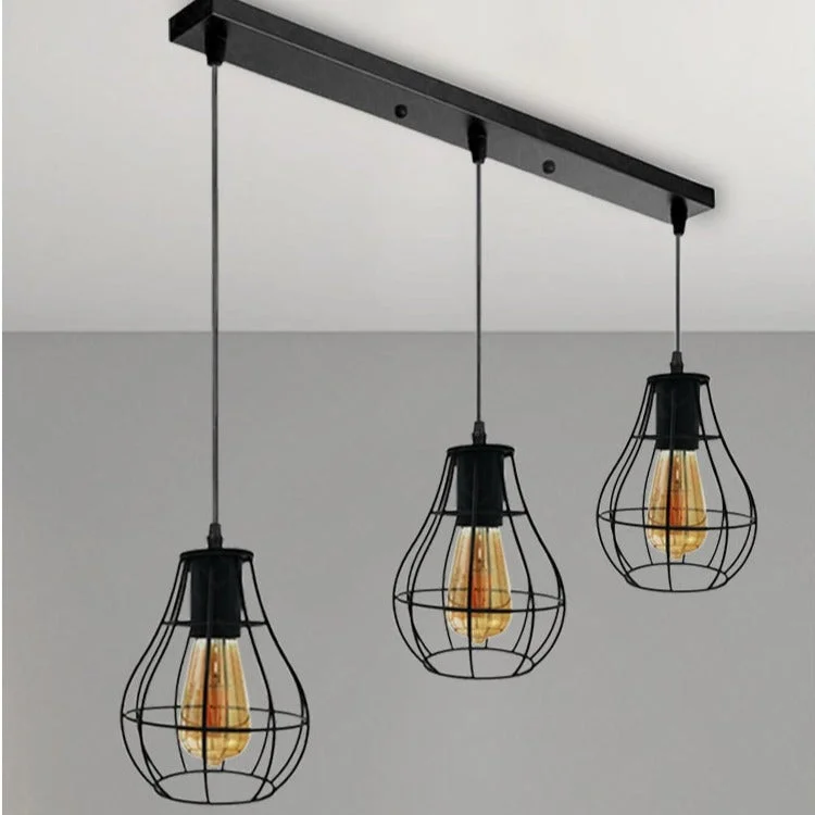 Vintage 3‑head pendant lamp with black metal cage and matte black sockets, dimmable indoor light