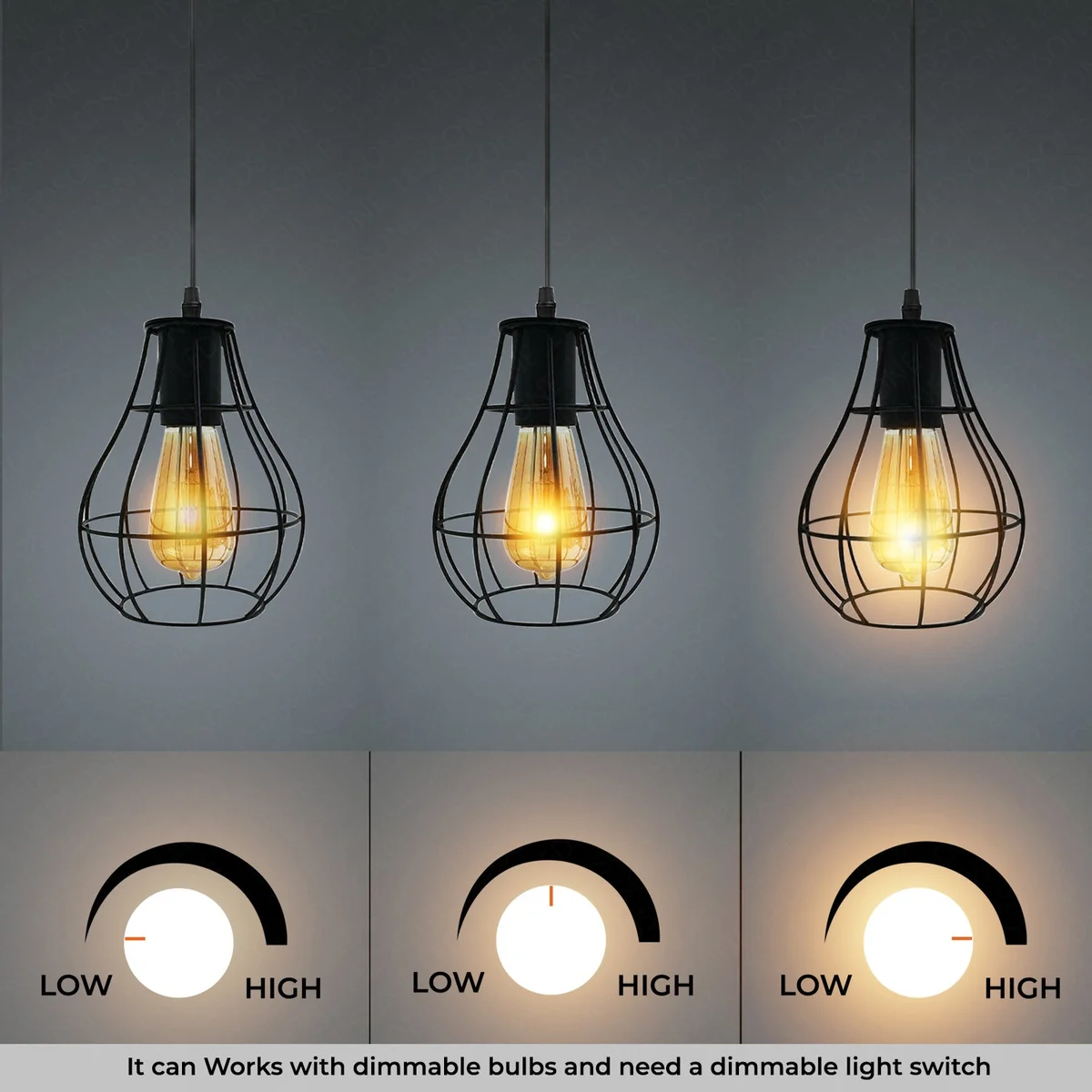 Three black metal cage pendant lights hanging from a rectangular base, ideal for an E27 bulb pendant