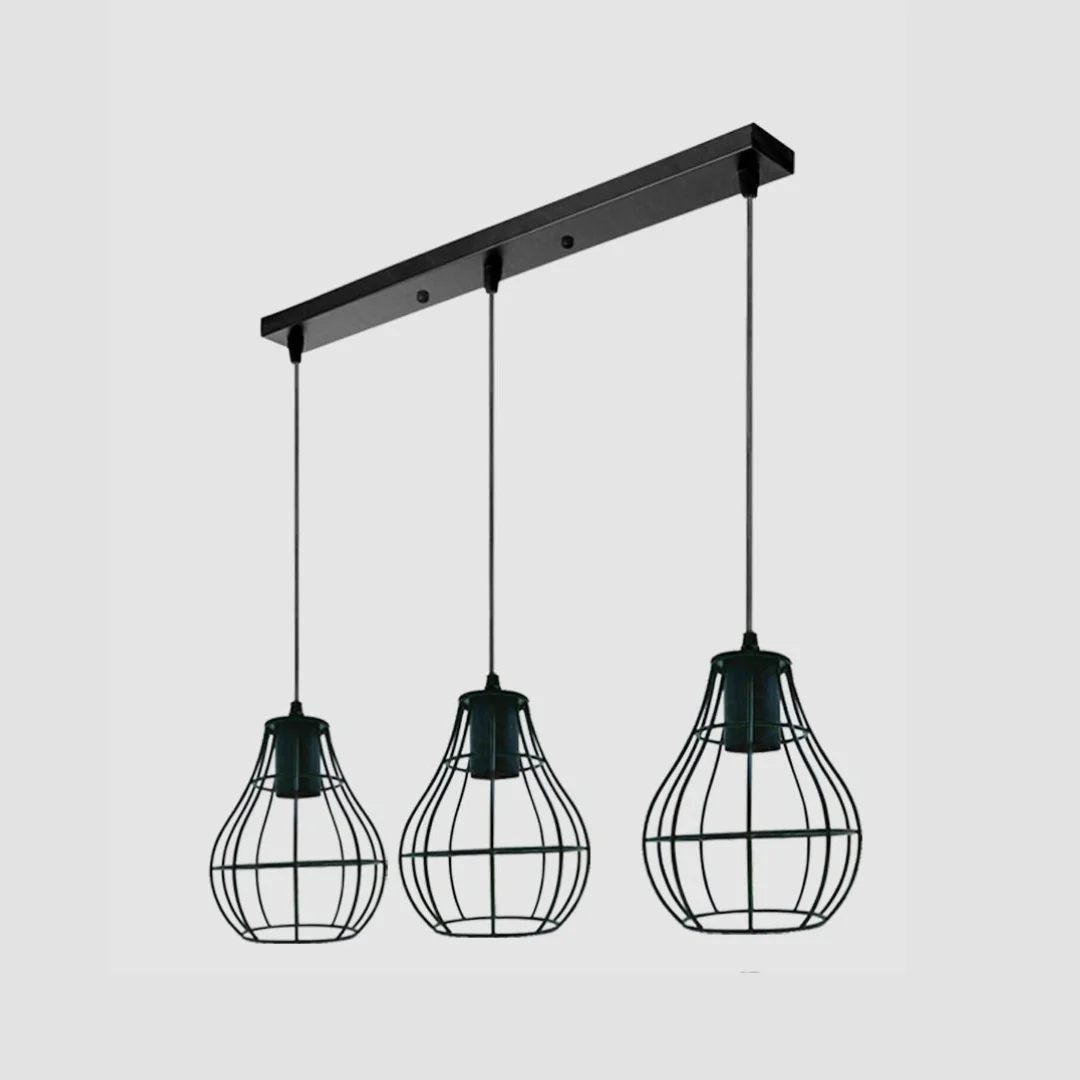 Black wire rectangle base 3 head pendant light with vintage metal cage and stained lamp sockets