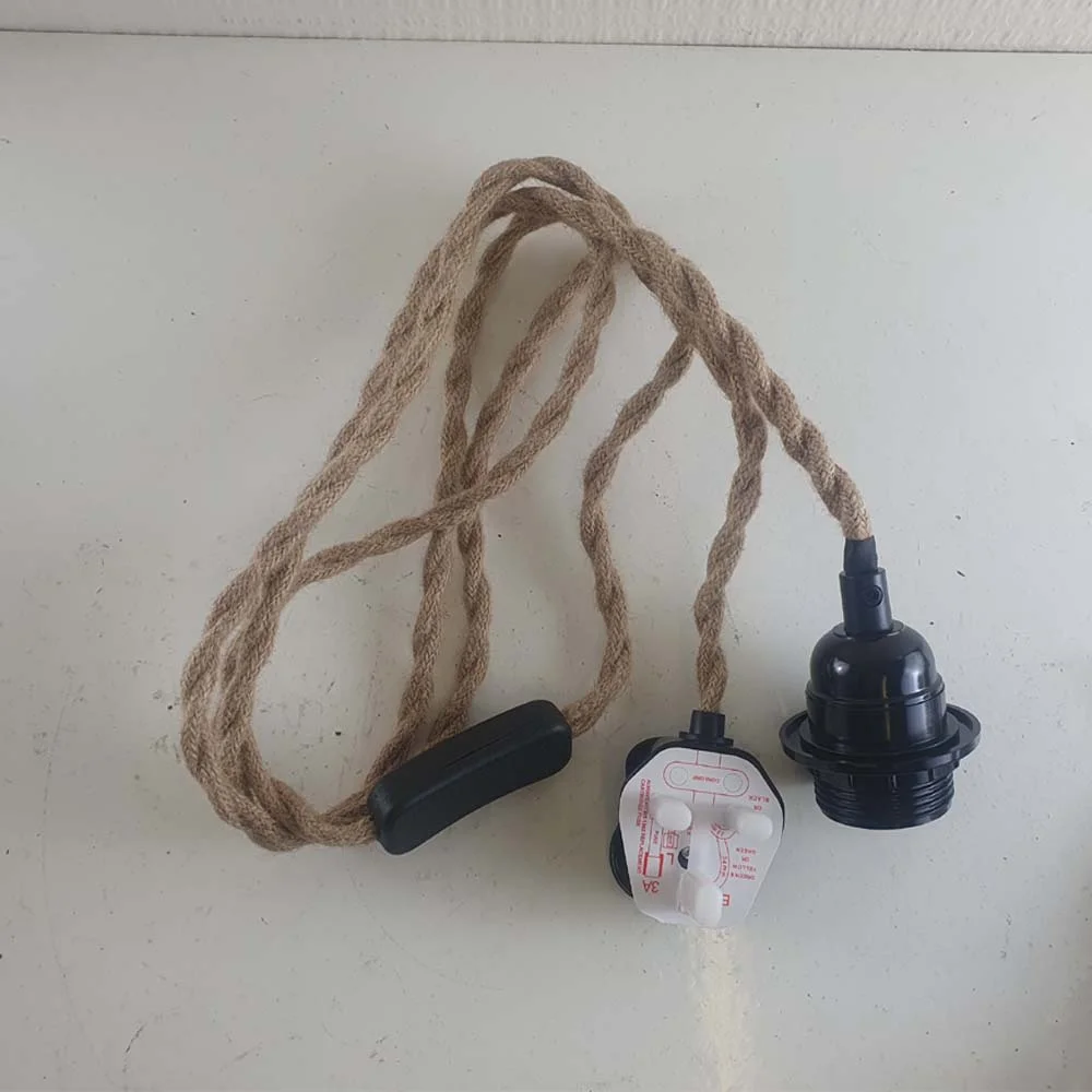 2m black hemp cord with inline switch, 3-pin UK plug, and an E27 lamp holder ready for any bulb.