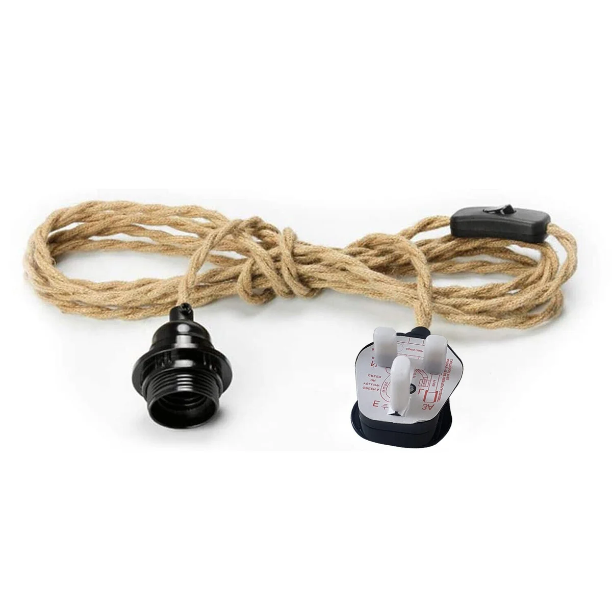 Black pendant lamp with hemp cable, inline switch lamp, E27 holder, 3‑pin UK plug.