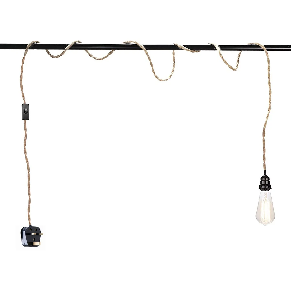 Black pendant light kit featuring a 3‑pin UK plug, an E27 holder, and a 2 meter hemp cable for desk or table lamp use.