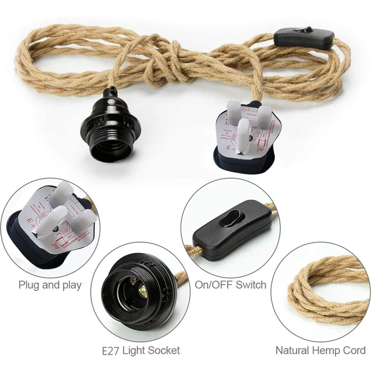 Black hemp cable UK plug pendant light with 3‑pin UK plug and detachable shade collar.