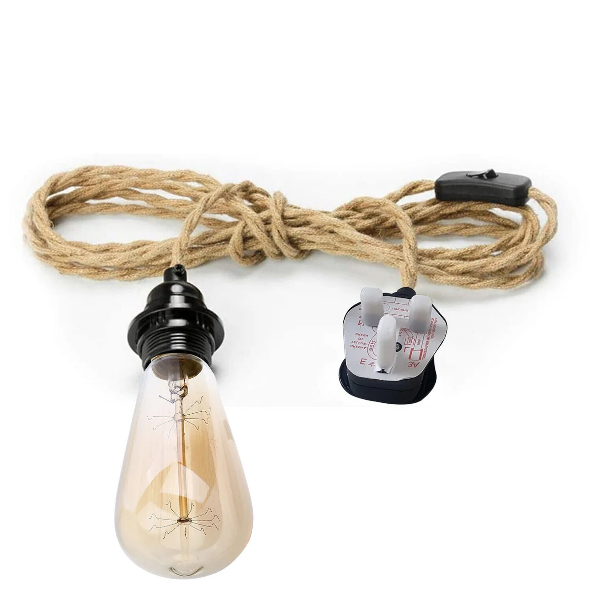 Black plug‑in pendant light with hemp cord, E27 holder and inline switch, rated 100W max, 3‑pin UK plug