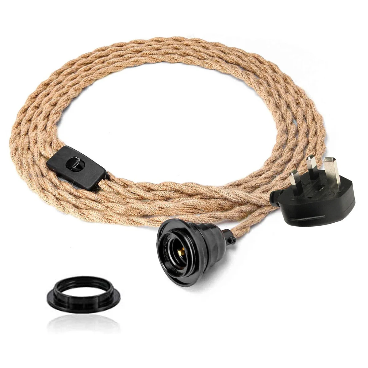 Black hemp pendant light kit showing 2m cable, 3‑pin UK plug, inline switch, and E27 holder ready for lamp