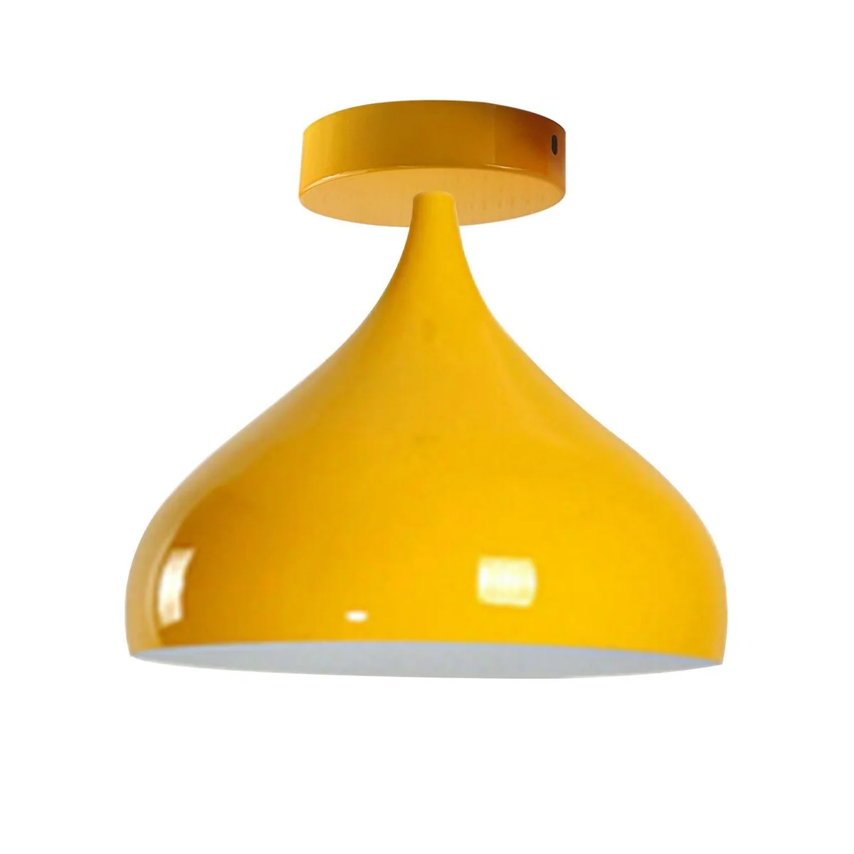 Vintage industrial ceiling light with yellow metal cage shade, 31.5 cm diameter, 10 cm wide base.