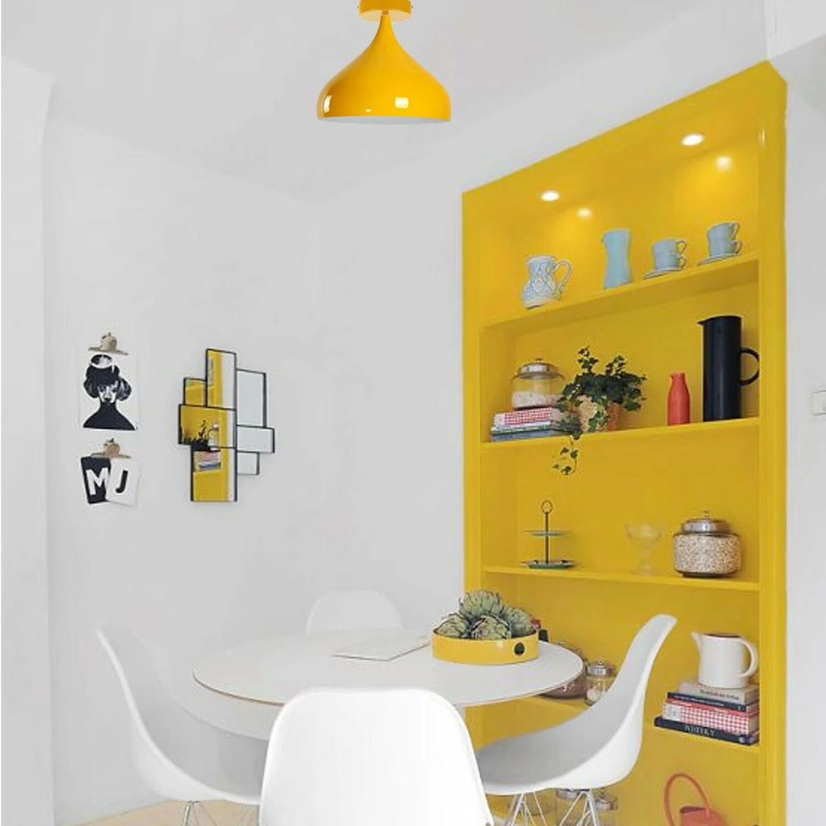 Yellow metal cage ceiling lamp with 31.5cm shade, hanging from wall by cord, industrial style