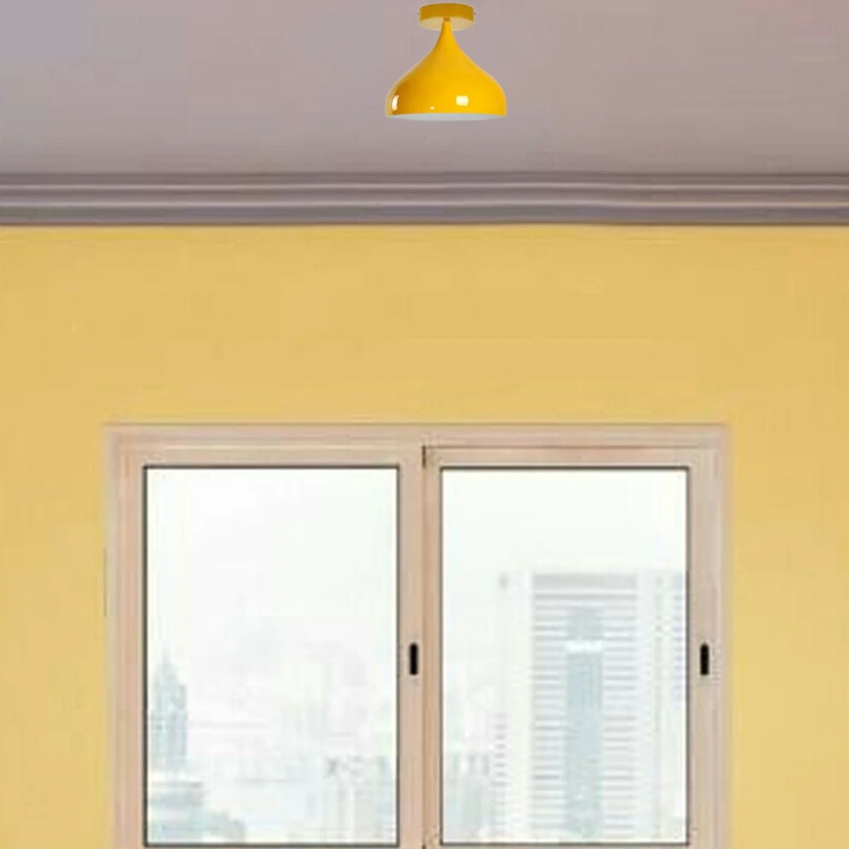E27 base ceiling light with yellow metal cage, 31.5cm shade, 10cmx2.5cm metal plate, corded installation, modern loft style.