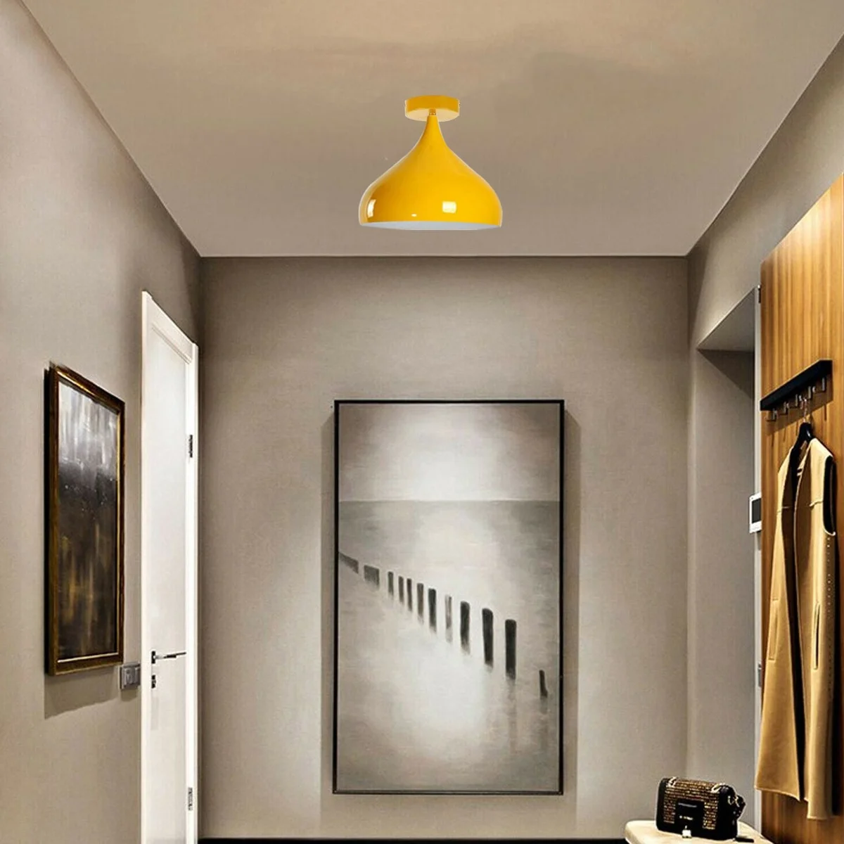 Modern yellow ceiling lamp with metal cage base, 31.5cm shade, 10cmx2.5cm ceiling plate hanging in a room.