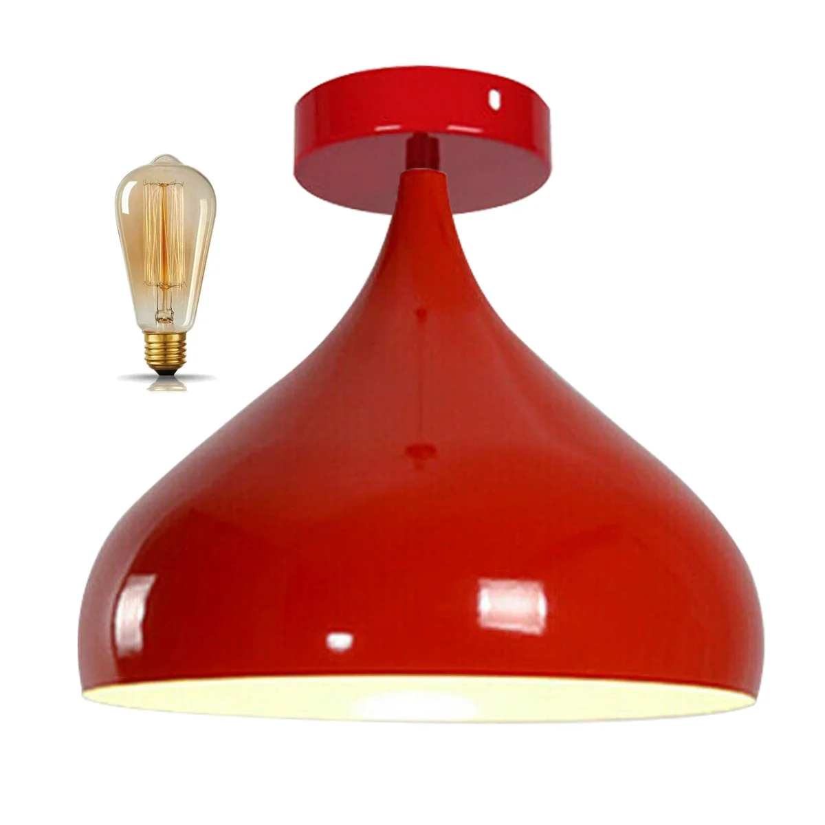 Modern vintage red metal ceiling light with 31.5cm shade and 40mm E27 holder, mounting on a 10cm metal plate.