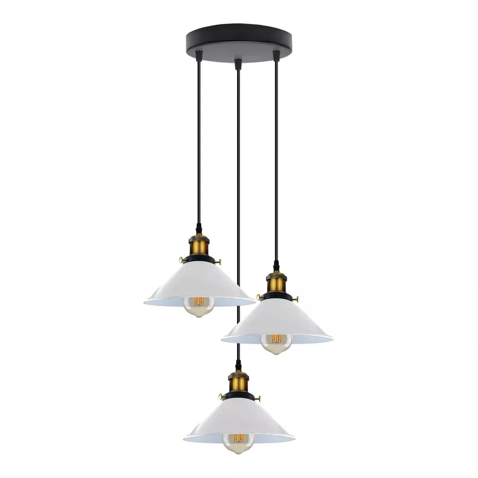 Triple‑cluster vintage industrial pendant light with metal shades, adjustable PVC cables, and three E27 holders.