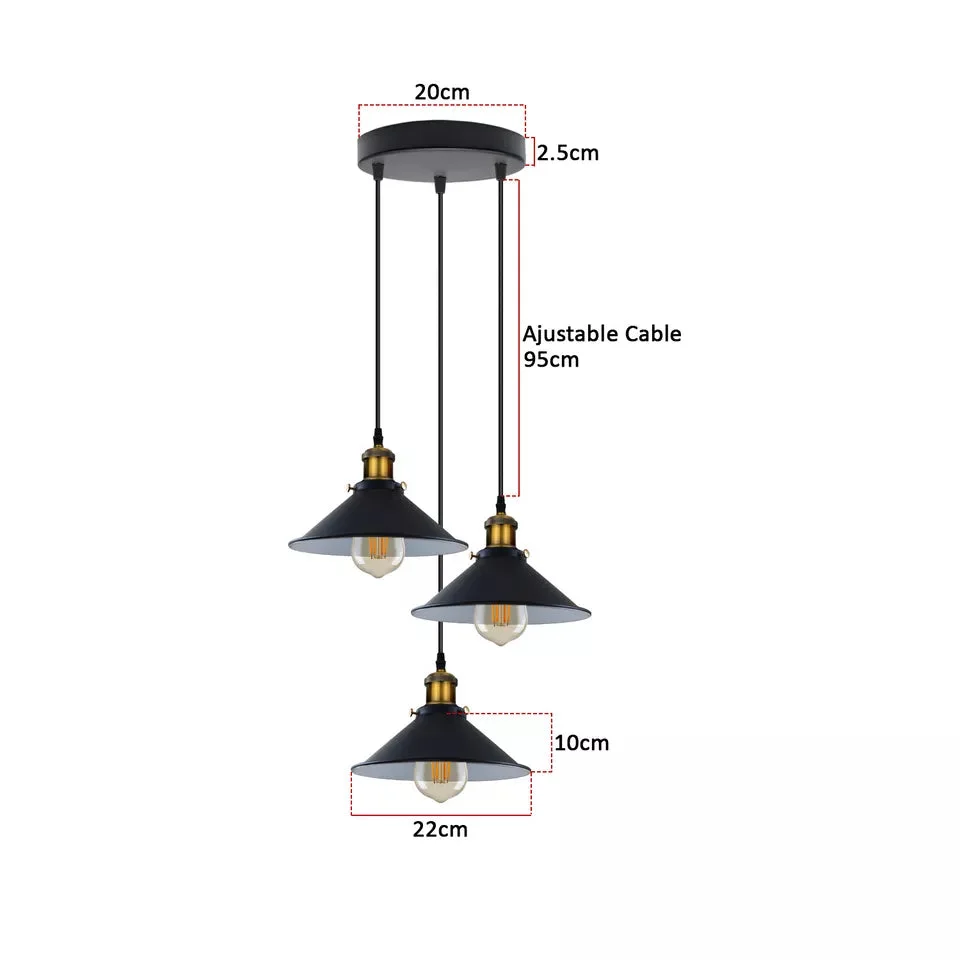 Three E27 bulb pendant cluster with metal base and adjustable PVC cables, vintage industrial style.