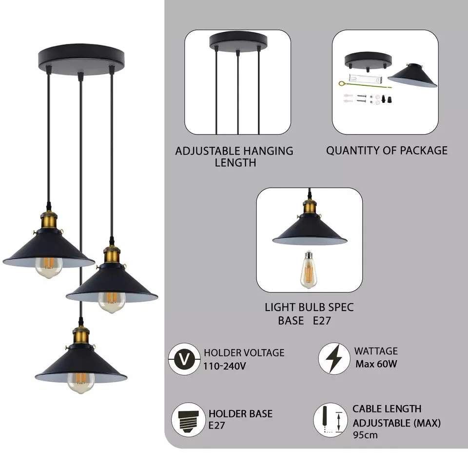 Dimensional 3‑way vintage pendant light with three adjustable metal holders and customisable shades, dimmable ceiling light.