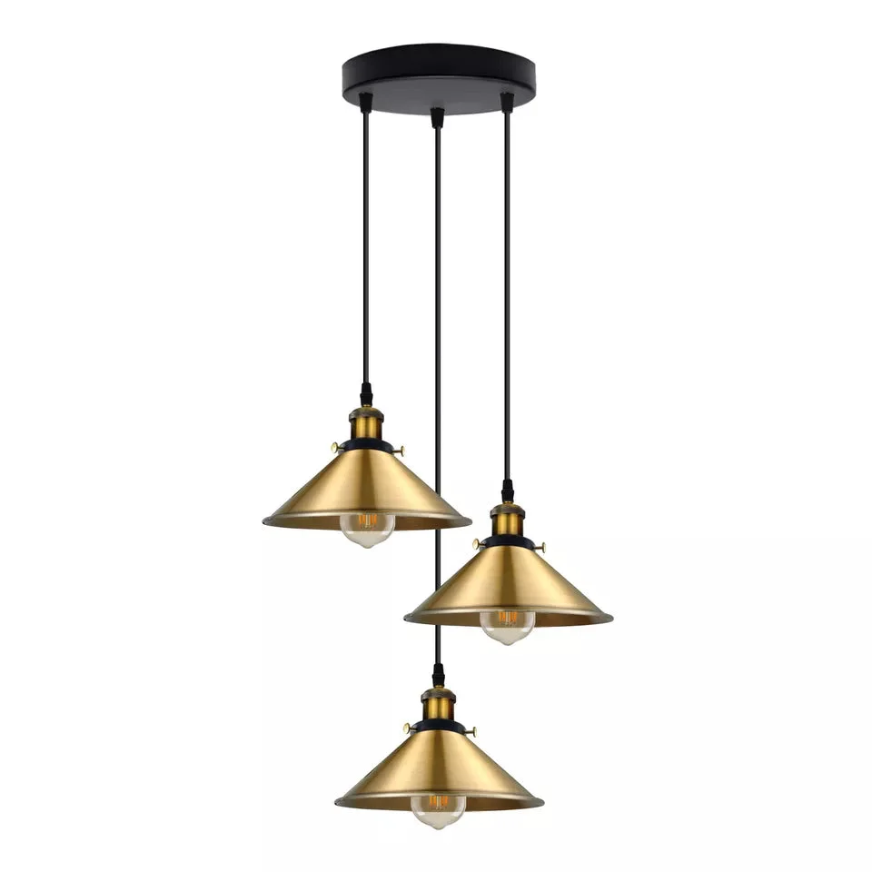 Vintage industrial pendant light with three adjustable metal holders, round 20cm ceiling plate and eye‑catching metal shades.