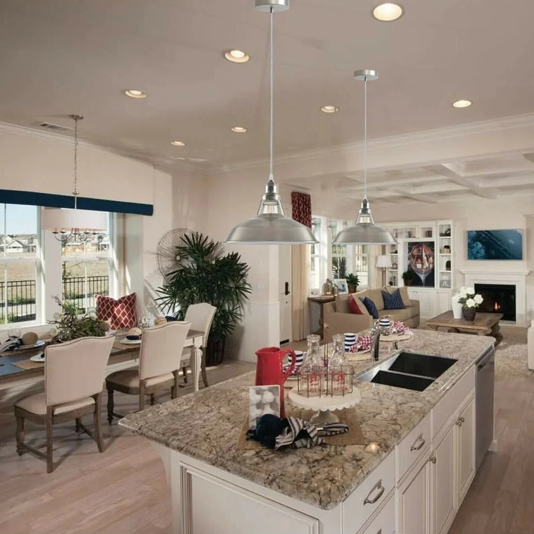 Modern ceiling pendant light with satin nickel metal body, cone shade, and 95cm PVC cable