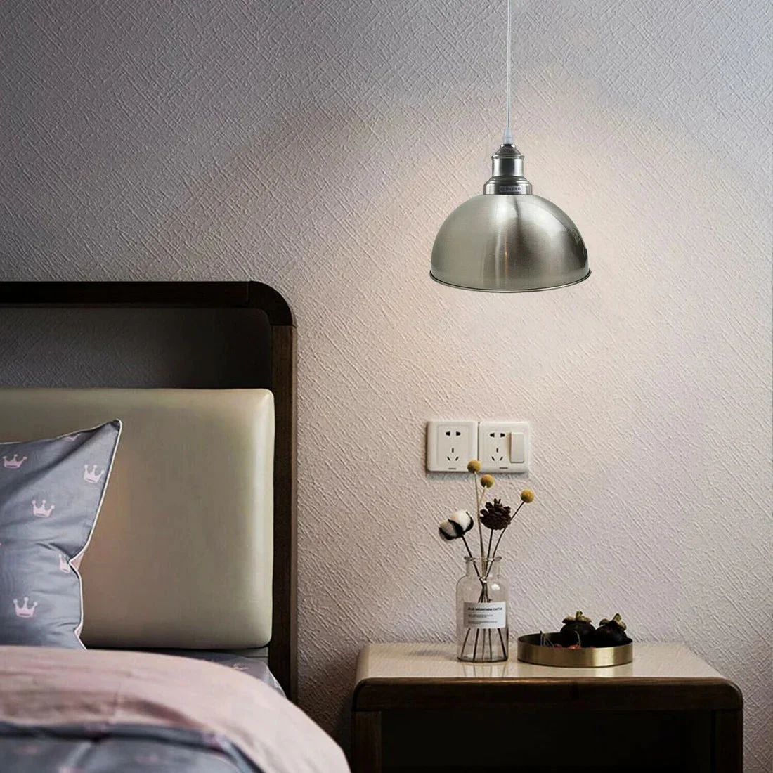 E27 pendant light fitting with satin nickel metal shade, hanging from ceiling, modern industrial design.