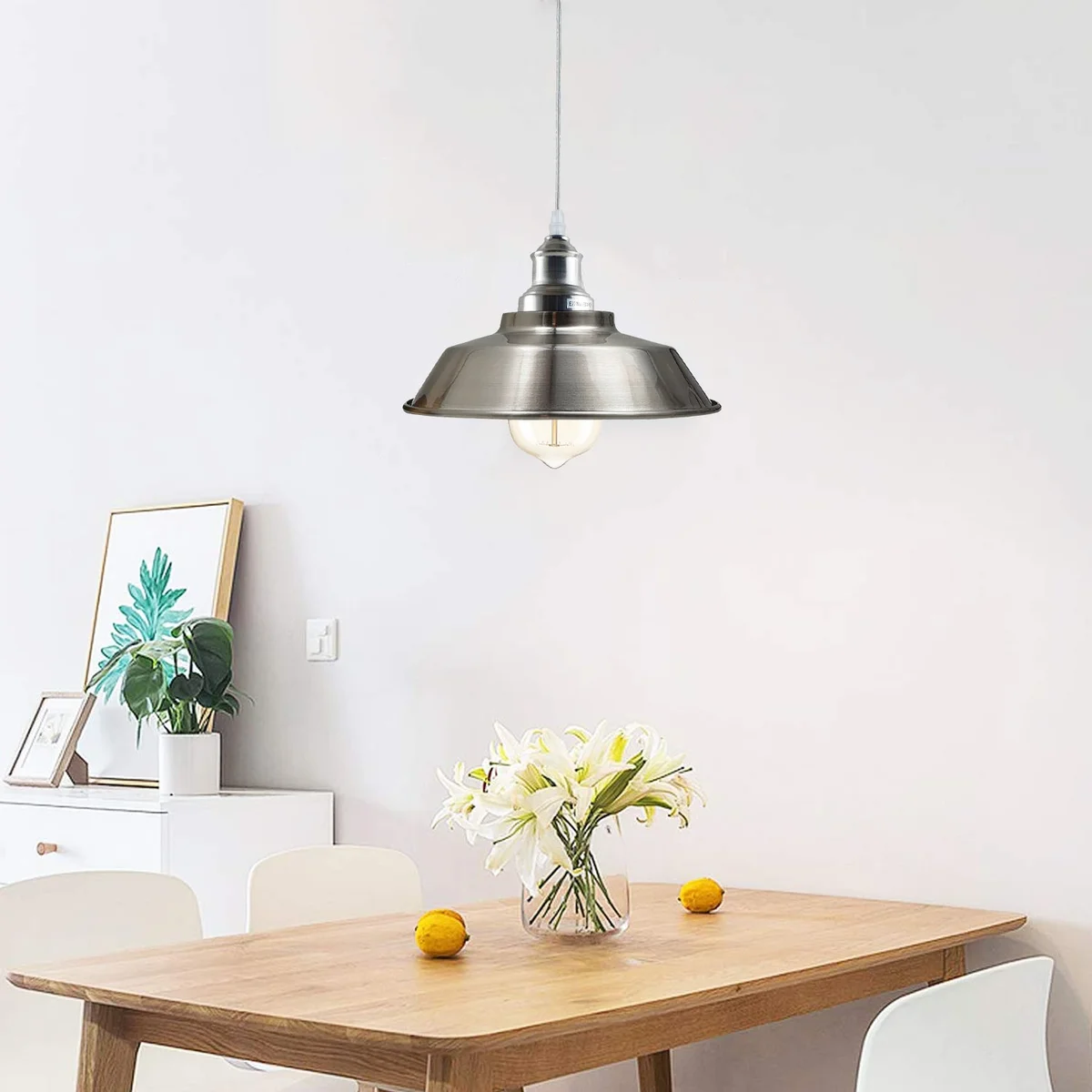 Satin nickel pendant lamp with metal frame, PVC shade, 95cm cord, modern style, classic modern design.