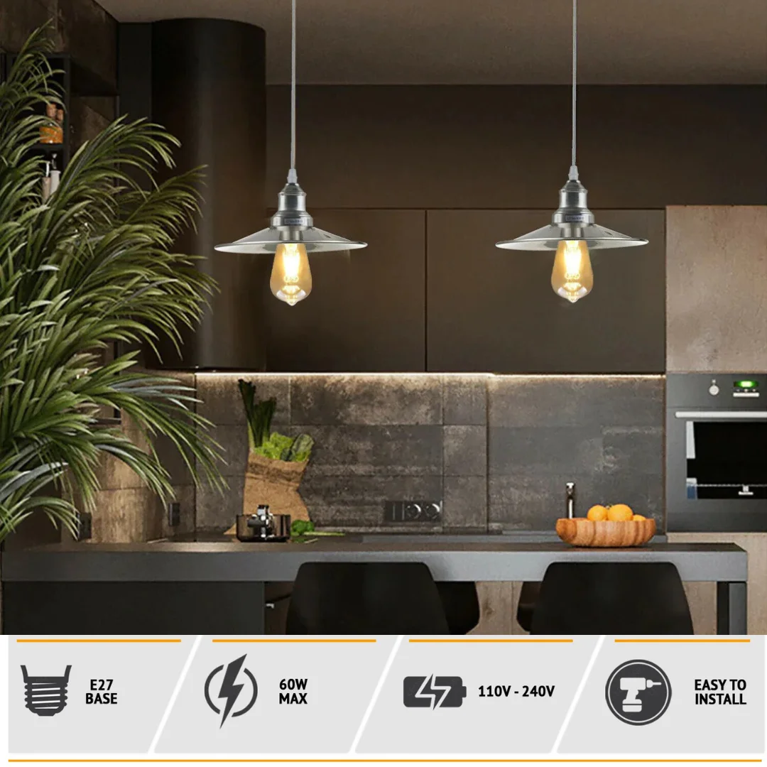 Cord pendant ceiling light with metal base, satin nickel shade, long PVC cable hanging from ceiling, modern industrial style.