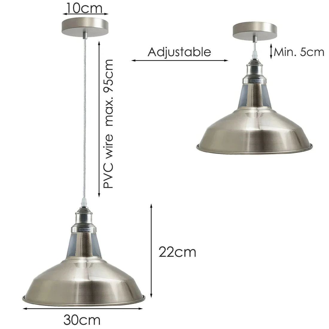 Industrial metal pendant light with satin nickel cone shade, metal body, hanging from ceiling, cord visible.