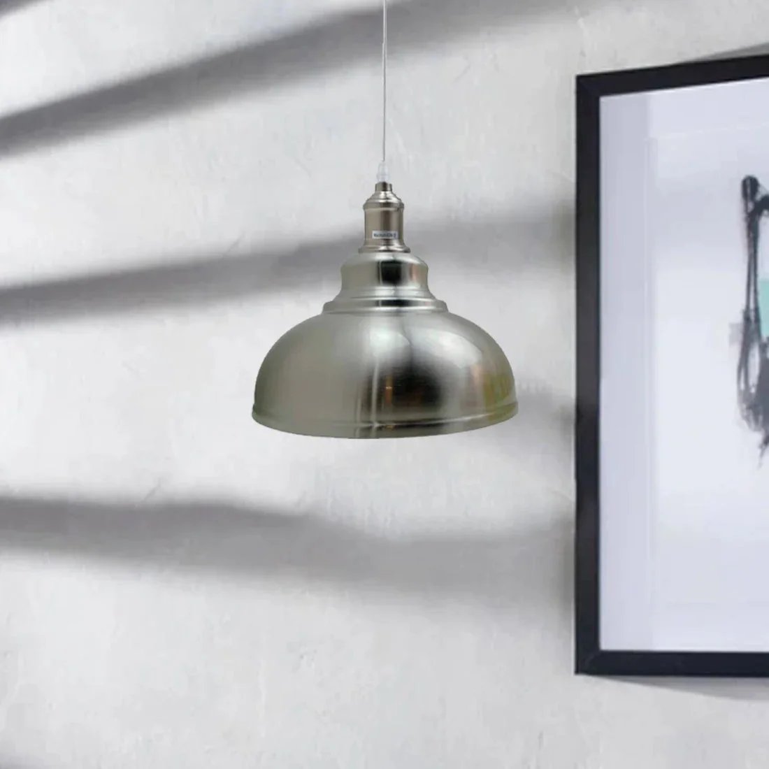 Satin‑nickel industrial metal pendant light with curved metal shade, 95cm PVC cord, modern design.