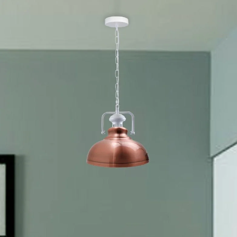 Copper‑finished retro industrial pendant light with curvy metal shade hanging from an 85cm adjustable chain.