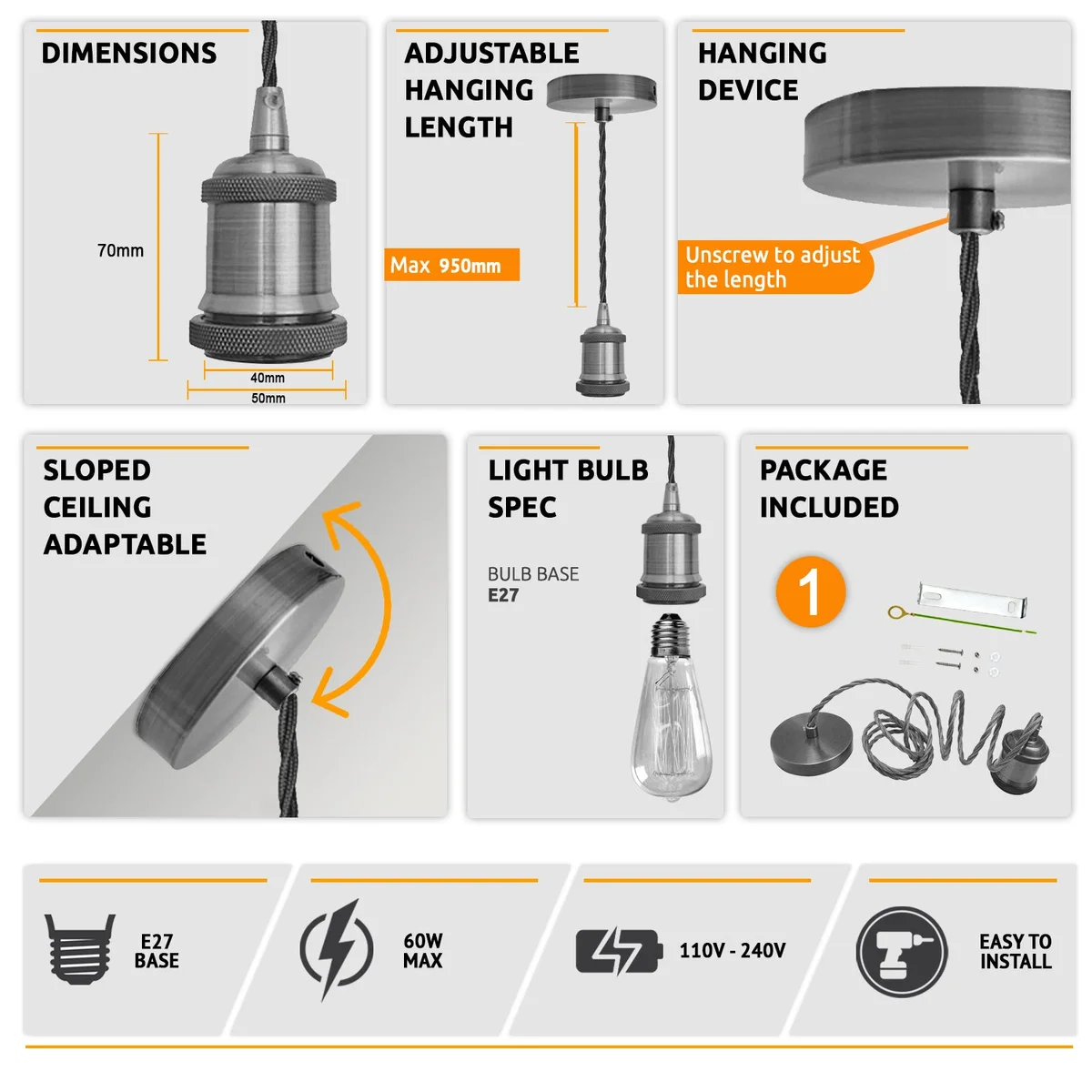 E27 pendant holder with 2m braided metal cable, vintage style, 7cm high holder, 5cm wide, 10 × 2cm ceiling rose.