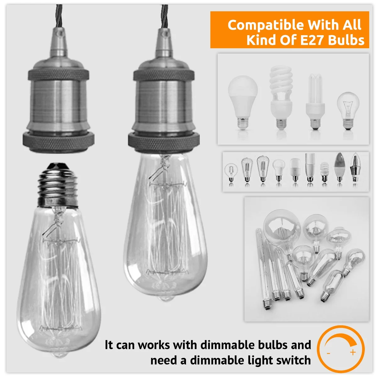 Vintage metal pendant lamp hanging from 2m braided flex pendant to ceiling, 10cm wide rose with open metal for E27 holder