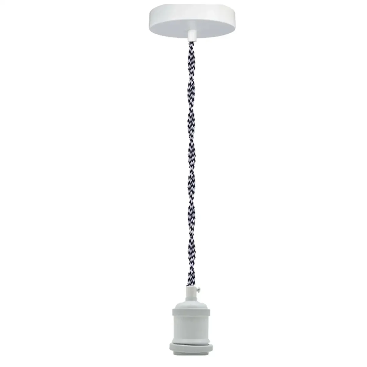 Metal vintage pendant light with round 10cm ceiling rose, 7cm holder, 200cm braided cable, suitable for indoor use.